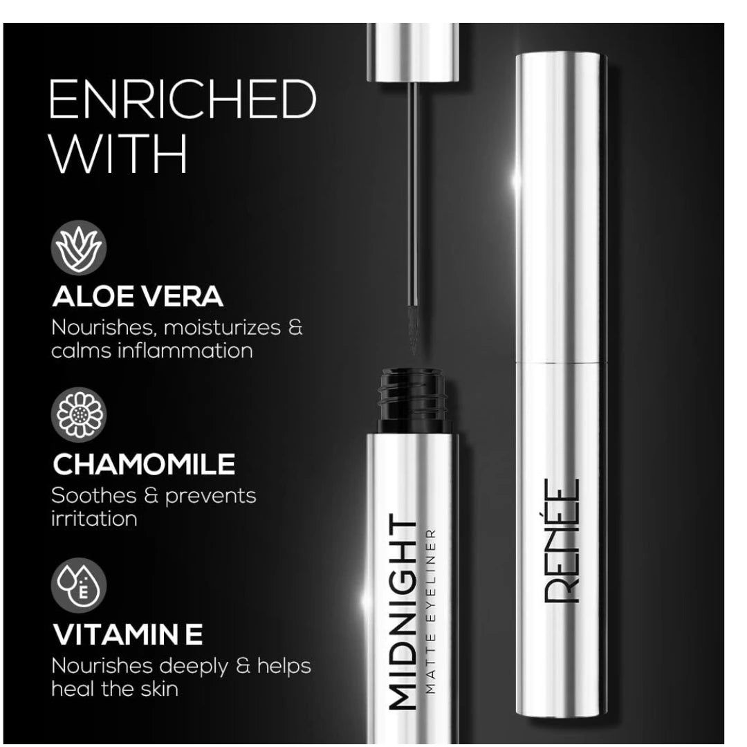 RENEE Midnight Matte Eyeliner Gel, Darkest Black, Long Lasting, Smudge-Proof & Waterproof Formula, One-Swipe-Application with Intense Pigment, Enriched with Vitamin E, Chamomile & Aloe Vera, 2.5ml