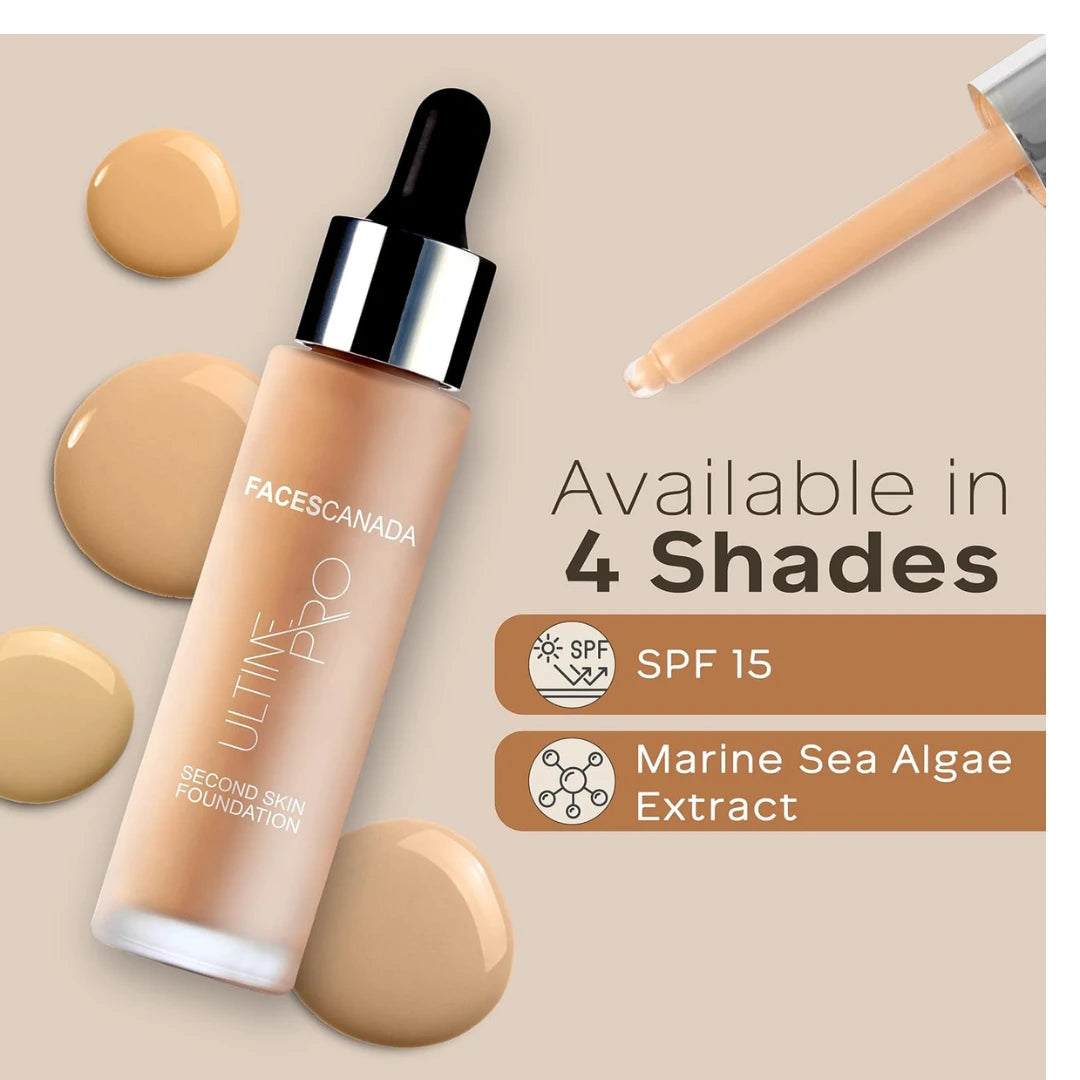 FACES CANADA Ultime Pro Second Skin Foundation - Beige 03, 30ml | Lightweight Anti-Ageing Serum Foundation | 3X Lighter | Natural Matte Finish | Medium To High Coverage | SPF 15 | Non-Oily