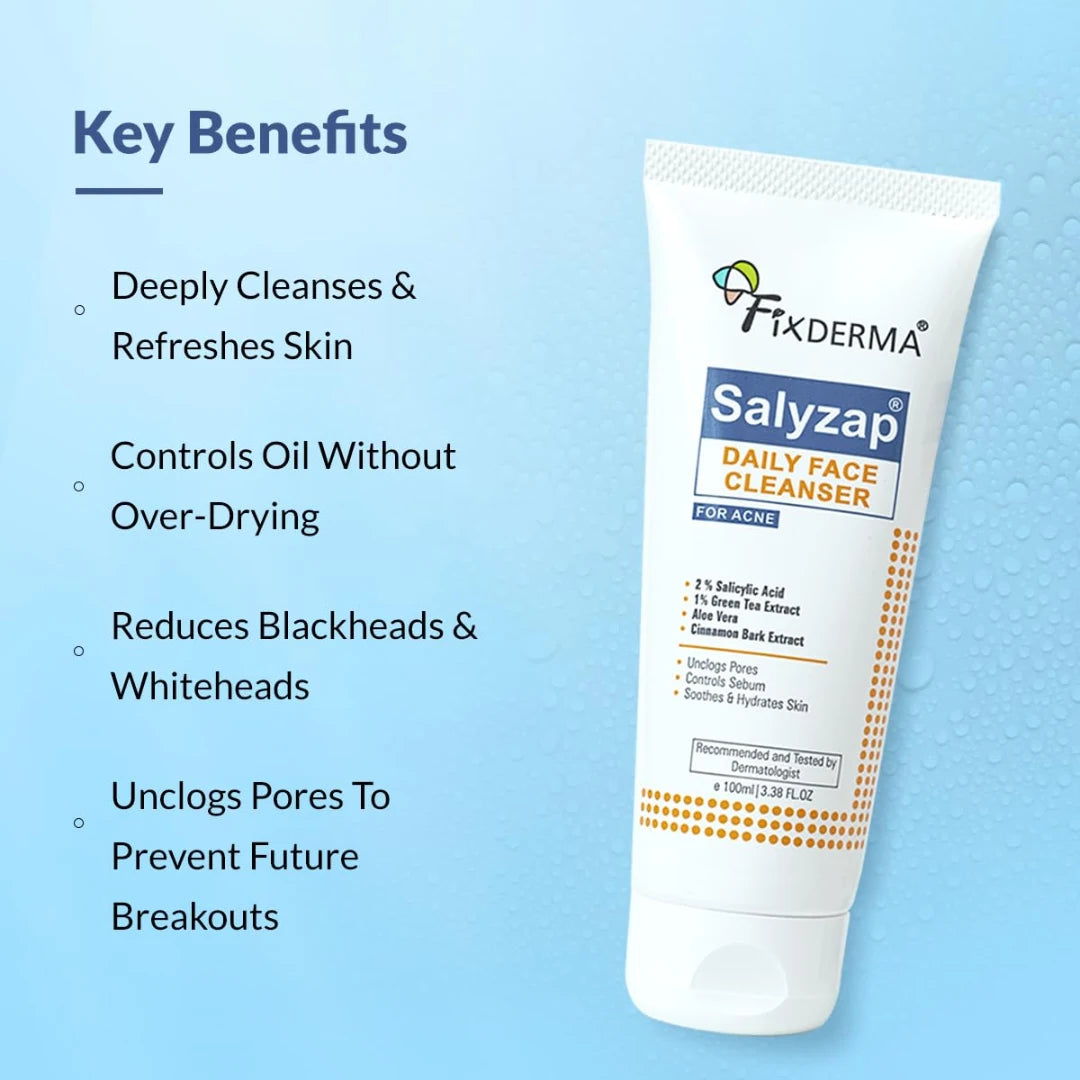 Fixderma Salyzap 2% Salicylic Acid Face Wash for Oily Skin | Sulphate Free | Face Cleanser for Acne or Pimples | Acne Clearing Face Wash for Men & Women - 100ml