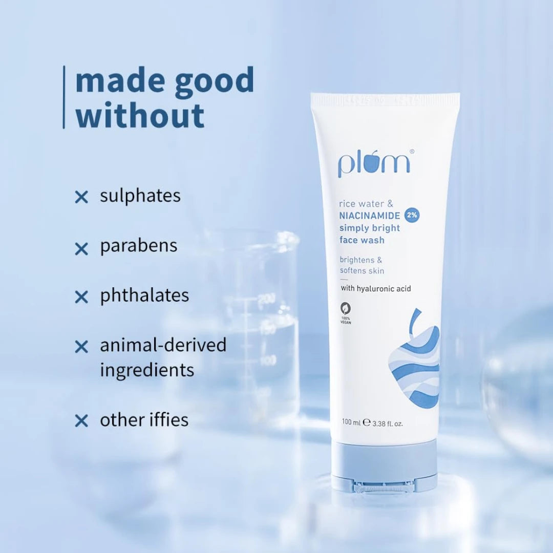 Plum 2% Niacinamide Simply Bright Face Wash With Rice Water 50 ml | Brightens Skin, Helps Fade Blemishes | Softens & Smoothens Skin | Gentle & Non-Drying | Women & Men |
