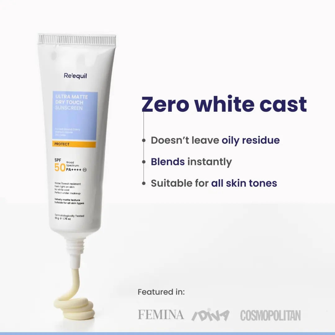 RE' EQUIL Ultra Matte Dry Touch Sunscreen | SPF 50 PA++++ | Water & Sweat Resistant | No White Cast, Non-Greasy & Non-Comedogenic | For All Skin Types | 50G