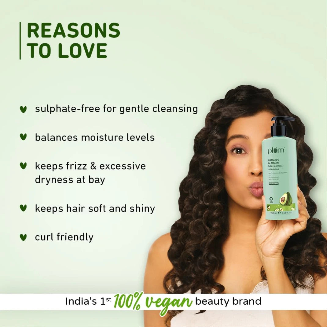 Plum Avocado & Argan Frizz Control Shampoo | for Curly, Wavy & Frizzy Hair | Sulphate & Parabens Free | with Aloe Vera Extract | Reduces Frizz, Retains Moisture & Conditions Strands | 250m