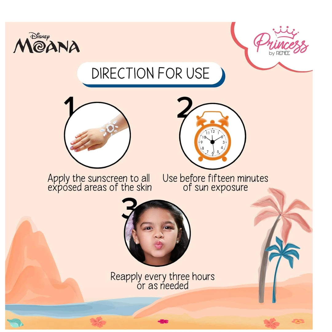 RENEE Princess by Disney Moana Sunscreen with SPF 50, Protects & Nourishes, Zero White Cast, Lightweight & Non-Greasy, Quick-absorbing Formula, Vitamin E, Cocoa Butter, Provitamin B5 Infused, 50 Ml