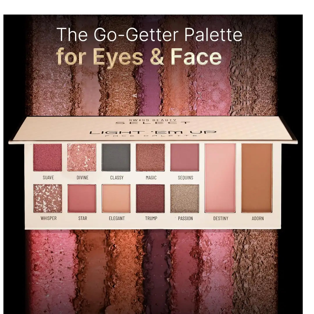 Swiss Beauty Select Light Em Up Multipurpose Face and Eye Palette | 10 Eyeshadow shades + 1 Blusher shade + 1 Contour Pan| Shade- Twilight, 20g |
