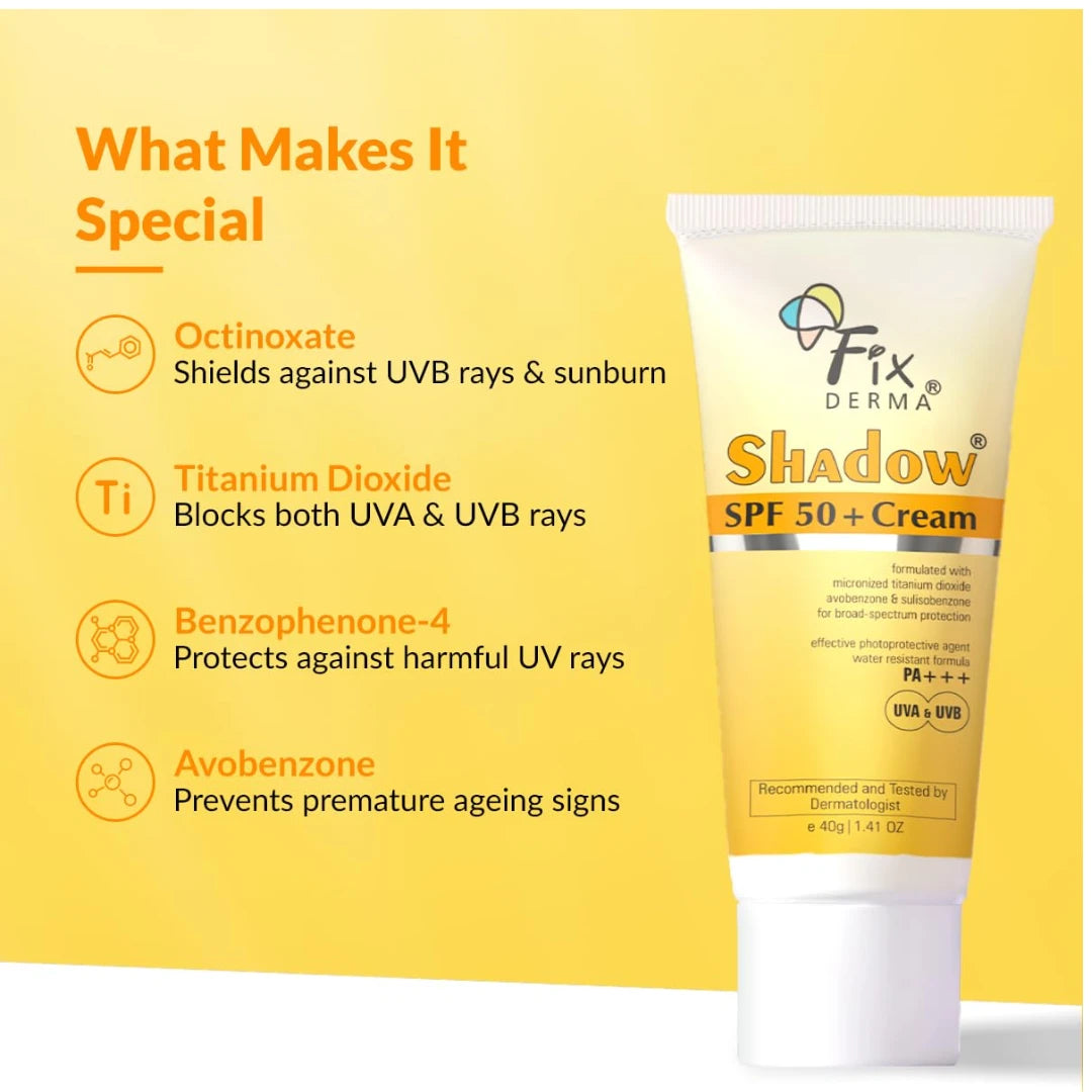 Fixderma Shadow SPF 50+Cream | Sunscreen for Dry Skin | No White Cast | UVA & UVB Protection | For Women & Men | Non Greasy & Water Resistant - 40 gm