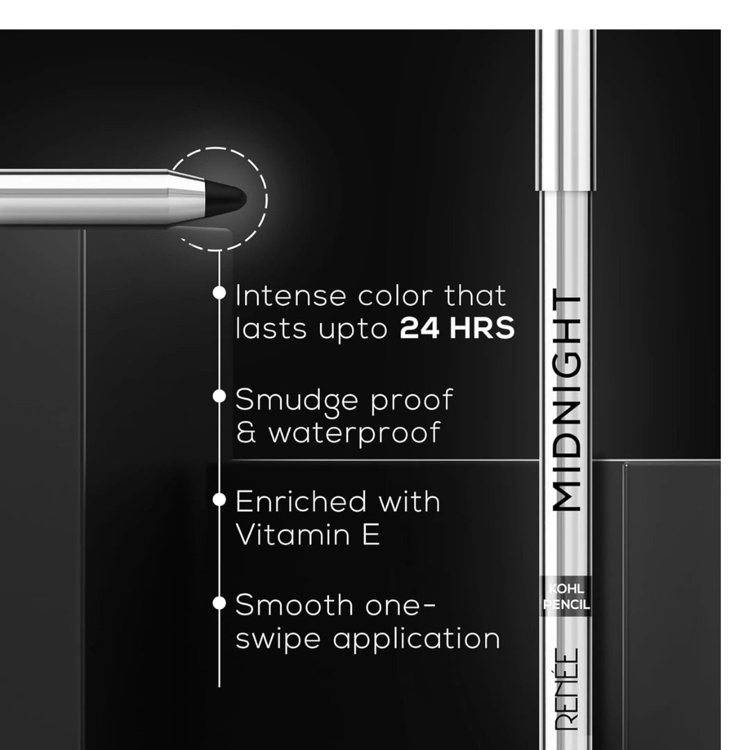 RENEE Midnight Kohl Kajal Pencil | Waterproof, Smudgeproof With Sharpener | 24 Hours Long Stay | brown | One Swipe Application | Vitamin E, Olive Oil and Castor Oil | Matte Finish |1.5 Gm