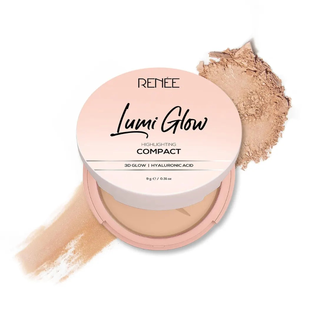 RENEE Lumi Glow Highlighting Compact - Velvet Vanilla| Medium Coverage, Dewy Finish, 3D Glow | Blurs Pores & Uneven Skin Tone | With Hyaluronic Acid & Vitamin E | 9 g