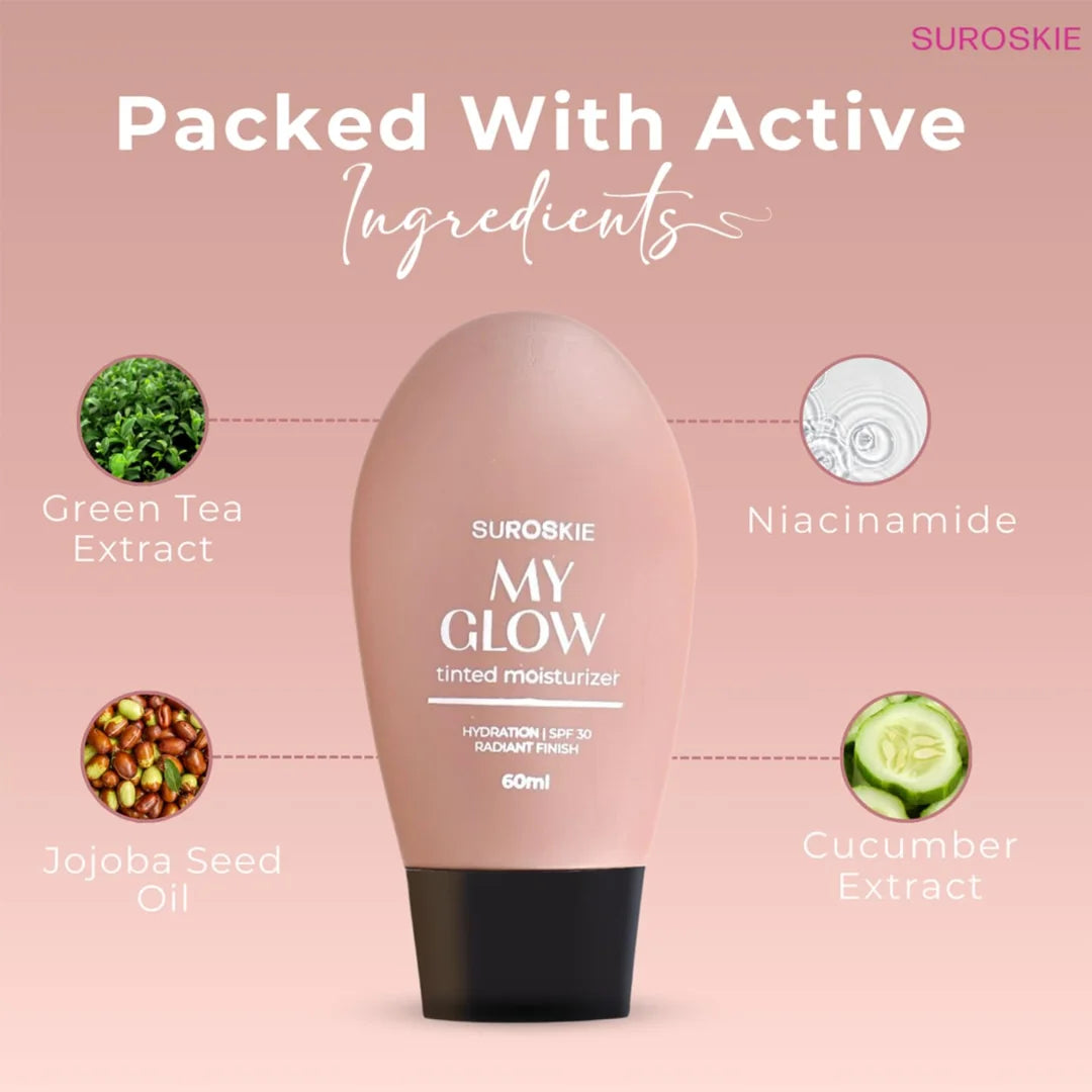 Suroskie My Glow All-In-One Tinted Sunscreen SPF 30 Moisturizer 60 ml Light Shade | Natural Glowy Finish | Intense Hydration & UVA/UVB Protection | Sweat resistant | Niacinamide Cream For Men & Women