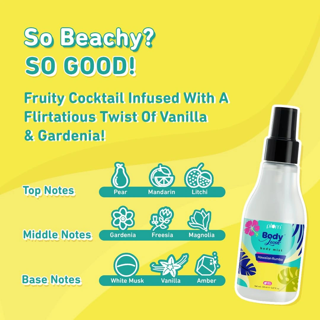 Plum BodyLovin Hawaiian Rumba Body Mist for Women | Refreshing Long Lasting Tropical Fragrance | Perfume Body Spray for Women | Vegan & Paraben Free | Travel Friendly Beachy Fresh Scent | 100ml
