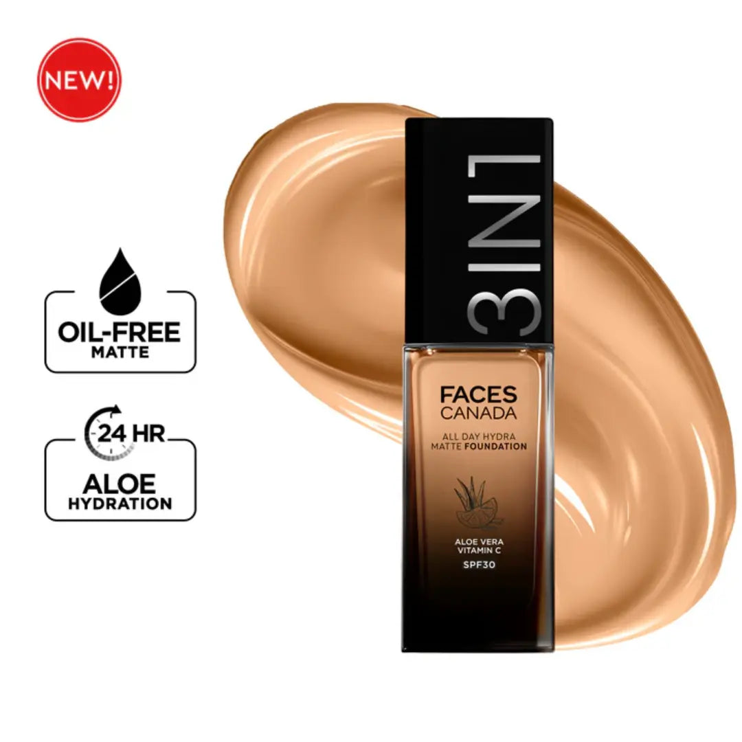 FACESCANADA All Day Hydra Matte Foundation Cream|3-in-1 Foundation + Moisturizer + SPF 30|24 HR Aloe Hydration & Vitamin C|10HR Long Wear|Medium to High Buildable Coverage |