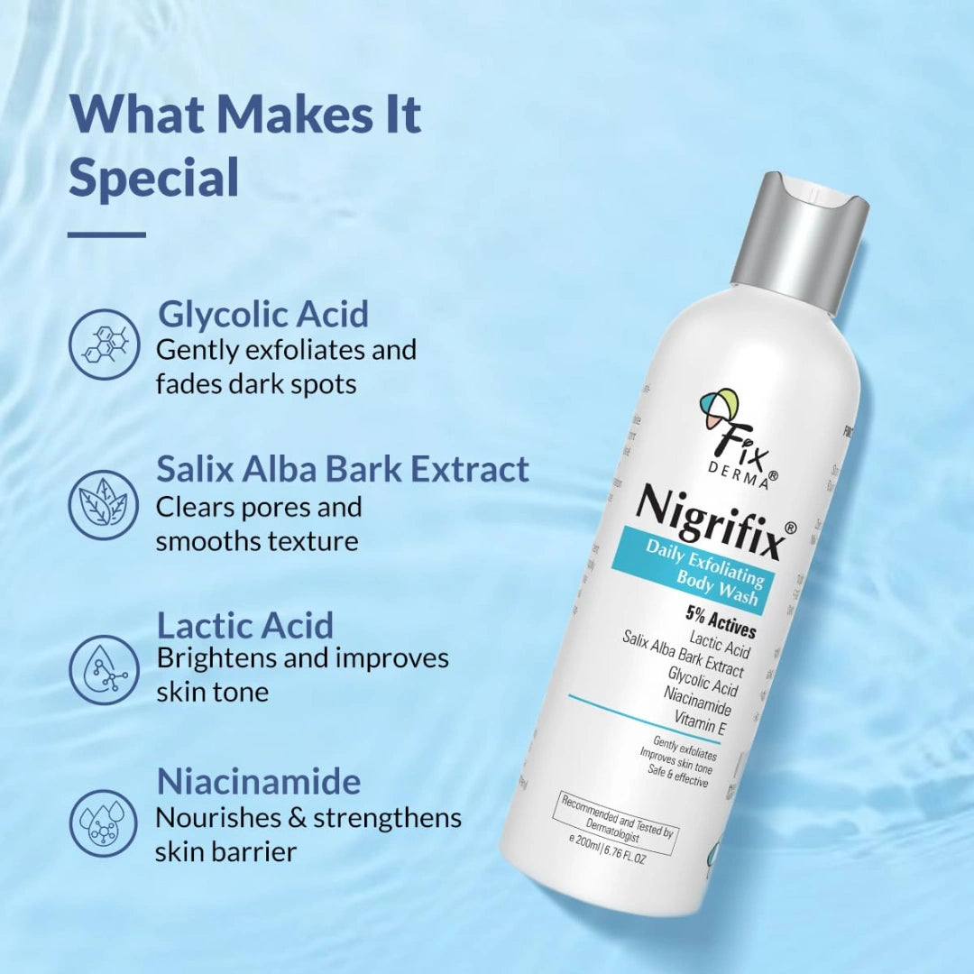 Fixderma Nigrifix Exfoliating Body Wash with 5% Actives (Lactic Acid, Glycolic Acid, Niacinamide Acid & Vitamin E) | Gentle Exfoliating Shower Gel | Improves Skin Tone | Body Wash Shower Gel - 200ml
