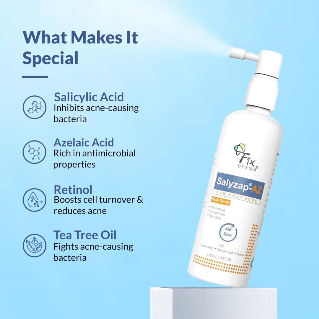 FIXDERMA Salyzap - Az 2% Salicylic Acid + 2% Azelaic Acid Body Acne Treatment Unscented Spray For Acne On Body Parts Like Back, Upper Arms | Paraben Free | Unclog Pores - 100Ml - Deals999