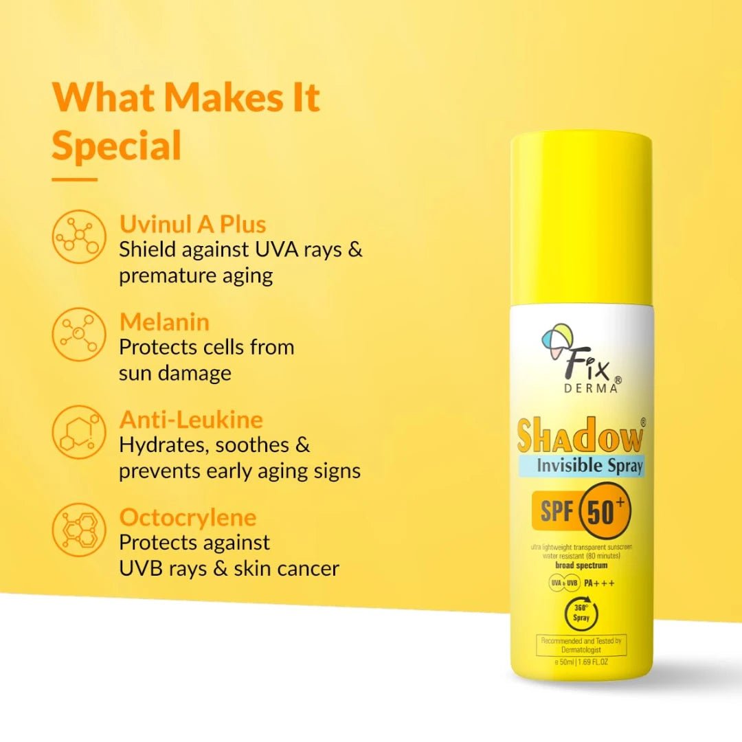 Fixderma Shadow SPF 50+ PA+++ Invisible Spray | Ultra Lightweight Transparent Sunscreen | Water Resistant Broad Spectrum UVA&UVB Sunscreen water resistant, spray for body, fluid sunscreen spray 50ml ( Pack of 1) - Deals999