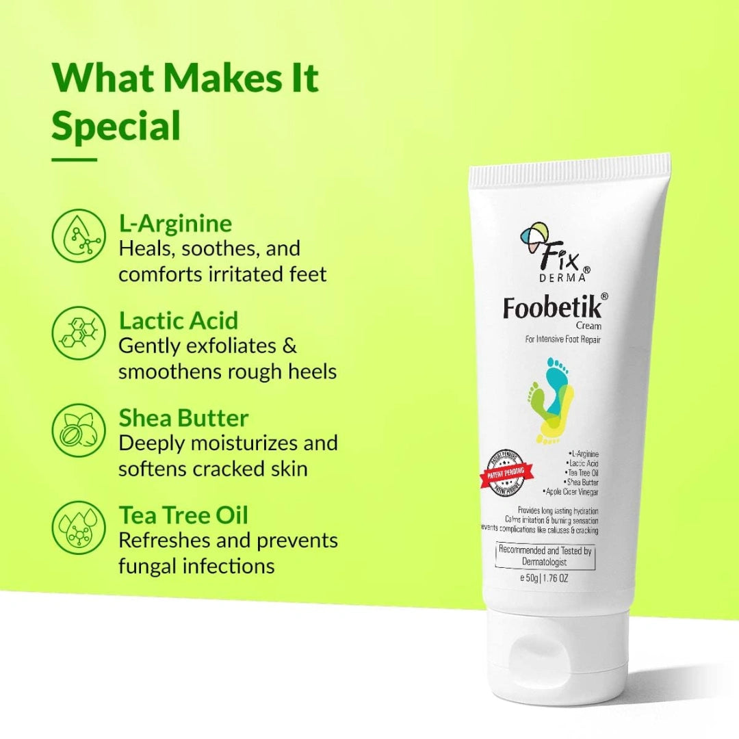 Fixderma Foobetik Cream, Foot cream, Foot Care For Diabetic, For Dry & Cracked Feet, Moisturizes & Soothes Feet, Heel Repair, For Calloused, or Chapped Skin, Paraben Free - 50g