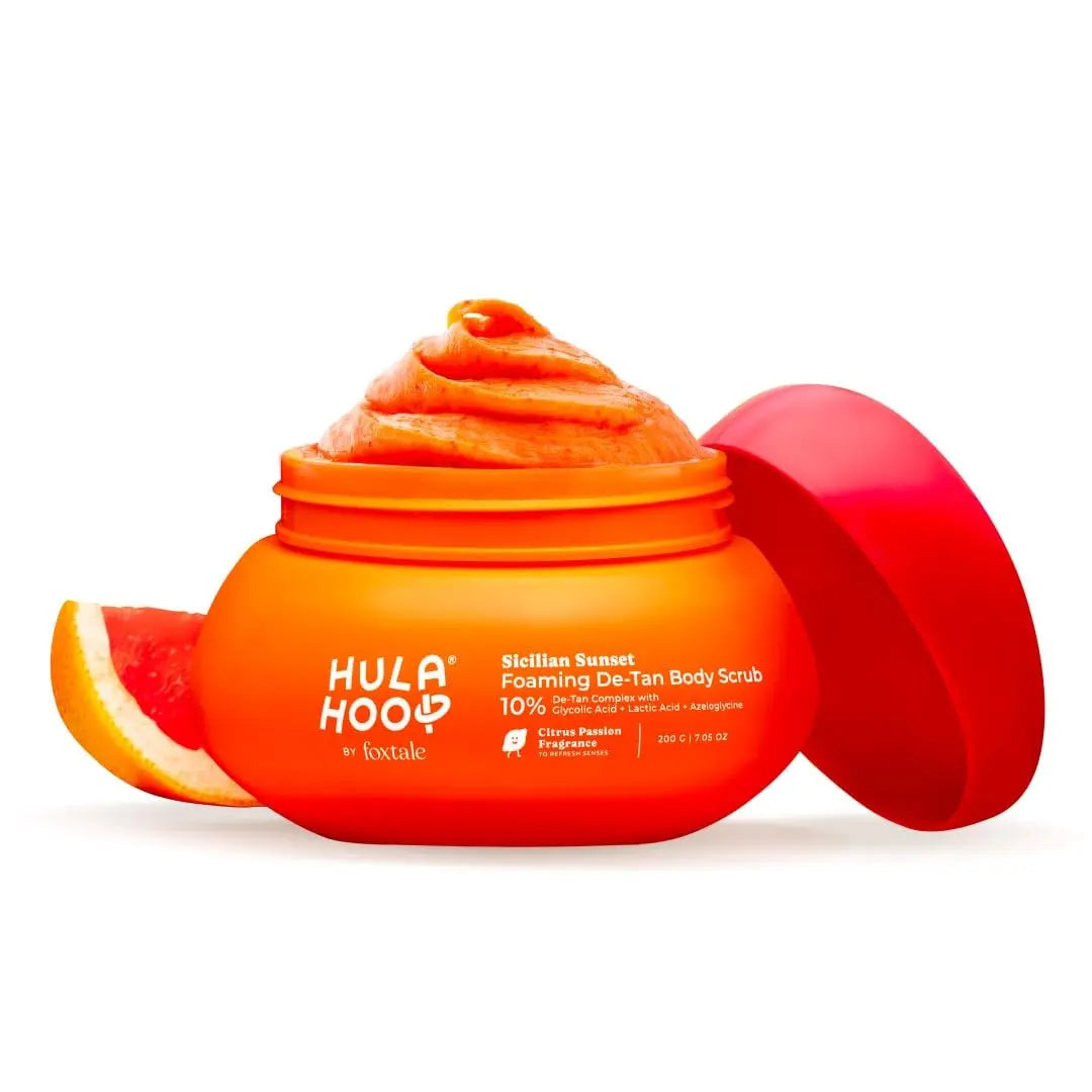 Hula Hoop Foaming 10% De-Tan Body Scrub by Foxtale | Tan Removal & Soft-Smooth Skin | 5% Glycolic Acid, Lactic Acid & Azeloglycine | For Women & Men | All Skin Types | 200gm
