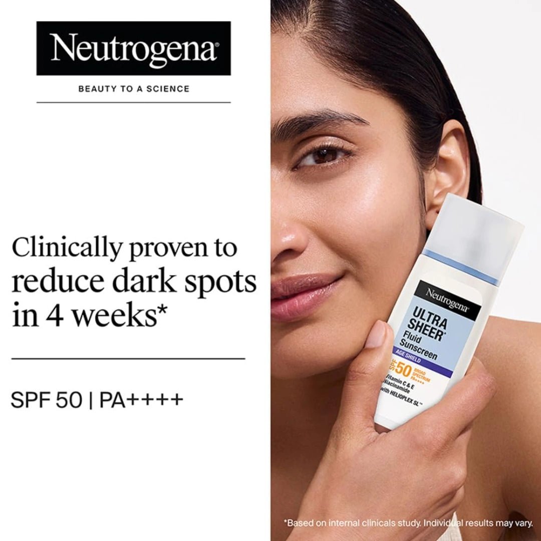 Neutrogena Ultrasheer Age Shield Fluid Sunscreen SPF 50+ PA++++ | Reduces dark spots & Uneven skin tone | No white cast | Lightweight non - greasy formula | Shields from UVA, UVB, Visible Light & Blue Light | 40gm - Deals999