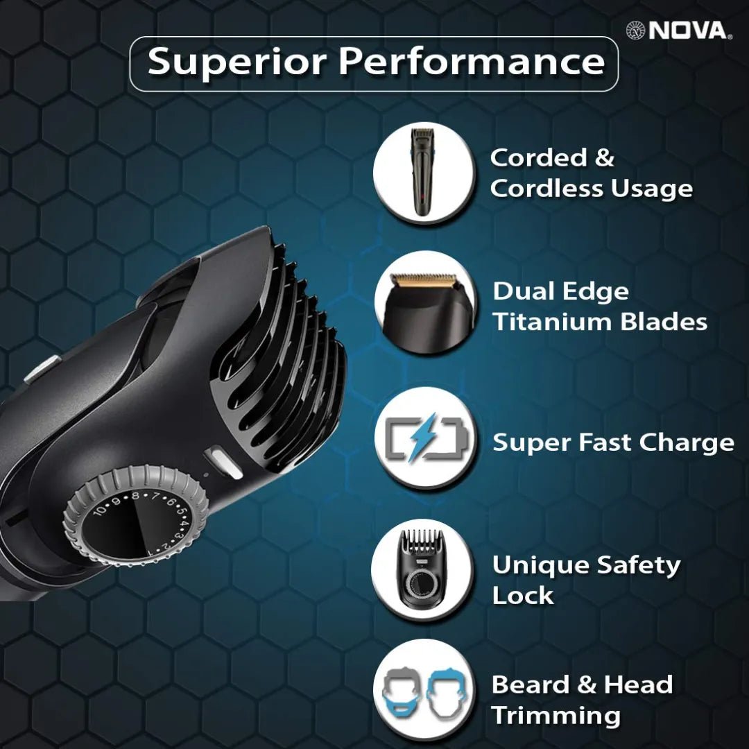Nova NHT 1098 USB Titanium Coated: 150 Minutes Runtime Beard Trimmer for Men (Black) - Deals999