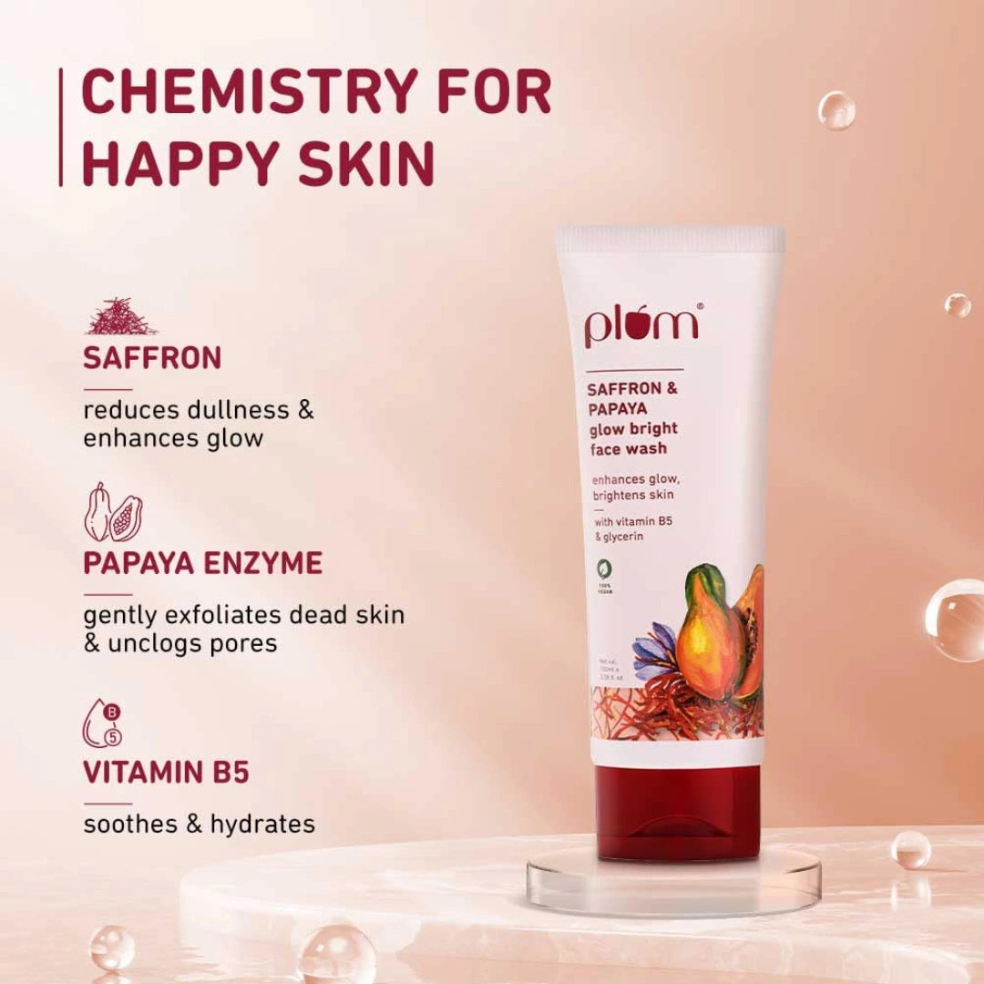 Plum Saffron & Papaya Glow & Brightening Face Wash with Vitamin B5 | Boosts Glow & Brightens Skin | Non-Drying | All Skin Types | Bright Gel Face Wash for Women & Men | for All Skin Types