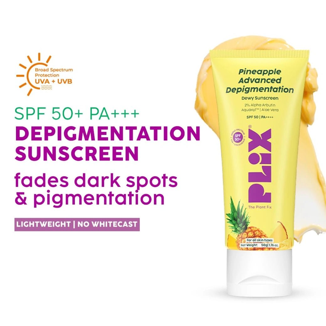 PLIX - THE PLANT FIX Pineapple Advanced Depigmentation Dewy Sunscreen SPF 50 PA++++ | Alpha Arbutin & Aquaxyl | Reduces Pigmentation, Protects from UV & Blue Light, Hydrates Skin | Vegan & Paraben-Free | 50g - Deals999