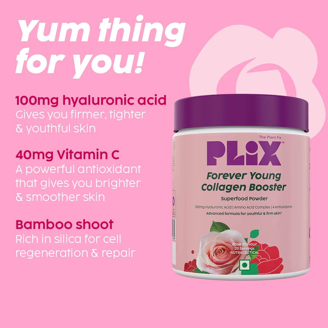 PLIX - THE PLANT FIX Collagen Supplement Powder Rose Flavor to support Skin Elasticity,Firmness & Youthful Glow|100%Plant-based with Hyaluronic Acid & Vitamin C|For Women & Men|Rose Flavour,Pack of 1, 350 grams