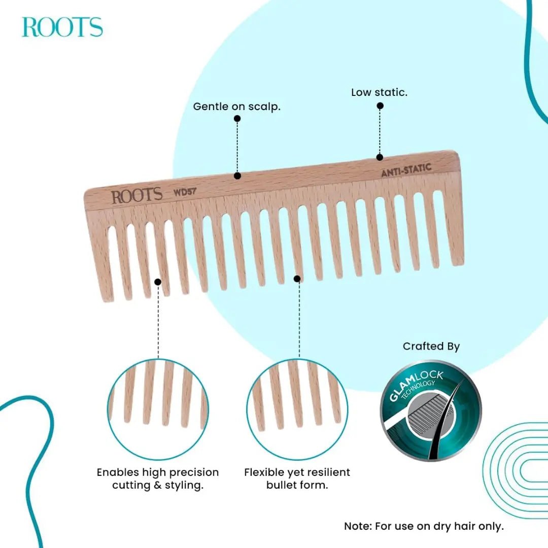 ROOTS Wooden Comb | Wide Teeth | Round Teeth prevent Hair & Scalp damage| 100% Natural Wood | Anti - Frizz & Shine | For Long, Thick & Dry Hair | For Men & Women | Length - 5.7 Inch | Model No - WD57 - Deals999