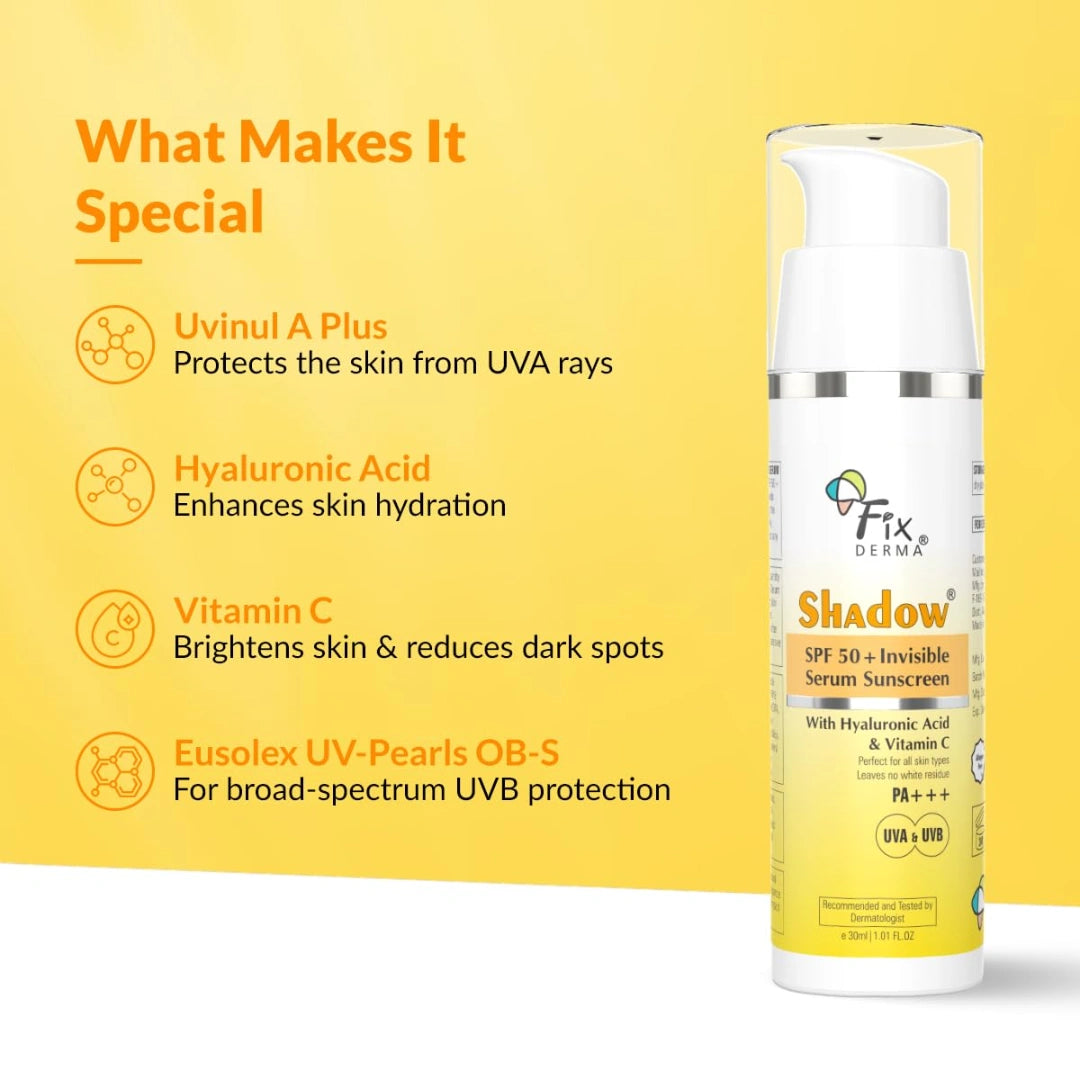 FIXDERMA Shadow Invisible Serum Sunscreen SPF 50+ PA+++|Ultra Lightweight Transparent Sunscreen with Vitamin C & Hyaluronic Acid|No White Cast|For All Skin Types|For Men & Women|Airless Pump 30 ML