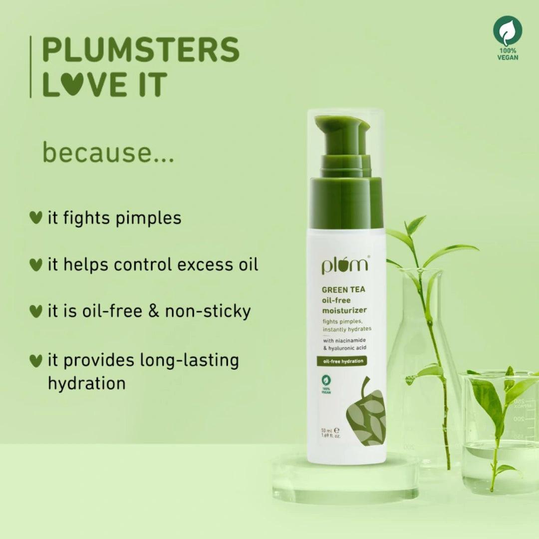 Plum Green Tea Oil-Free Face Moisturizer | With Niacinamide & Hyaluronic Acid | Fights Pimples & Hydrates | Fades Blemishes & Brightens Skin | Non-Sticky & Long-Lasting Moisturizer for Face | 50ml