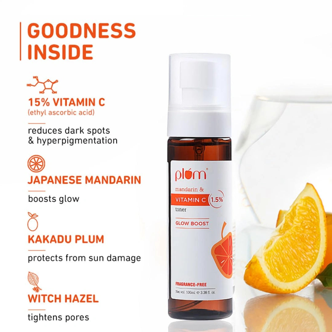 Plum Vitamin C Face Toner for Glowing Skin & Reduce Pigmentation | for Women & Men | with Mandarin & Kakadu | Alcohol Free | for Oily, Combination, Acne Prone, Dry, Normal, Sensitive Skin | 100ml
