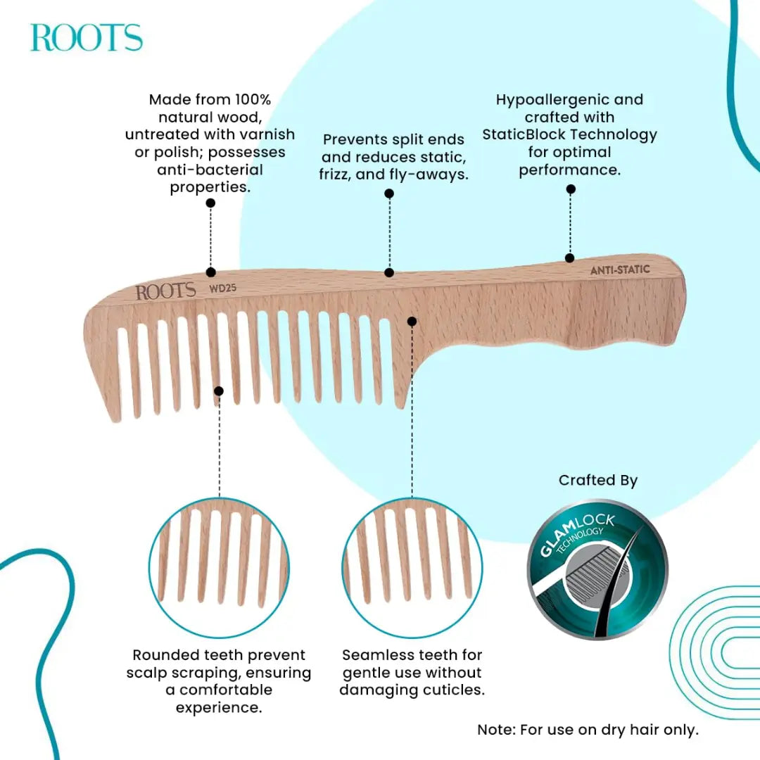ROOTS Wooden Comb | Wide Teeth | Rounded Teeth prevent Hair & Scalp damage | 100% Natural Wood | Anti-Frizz & Shine | For Long, Thick & Dry Hair | For Men & Women | Length - 7.8 Inch, Model No - WD25