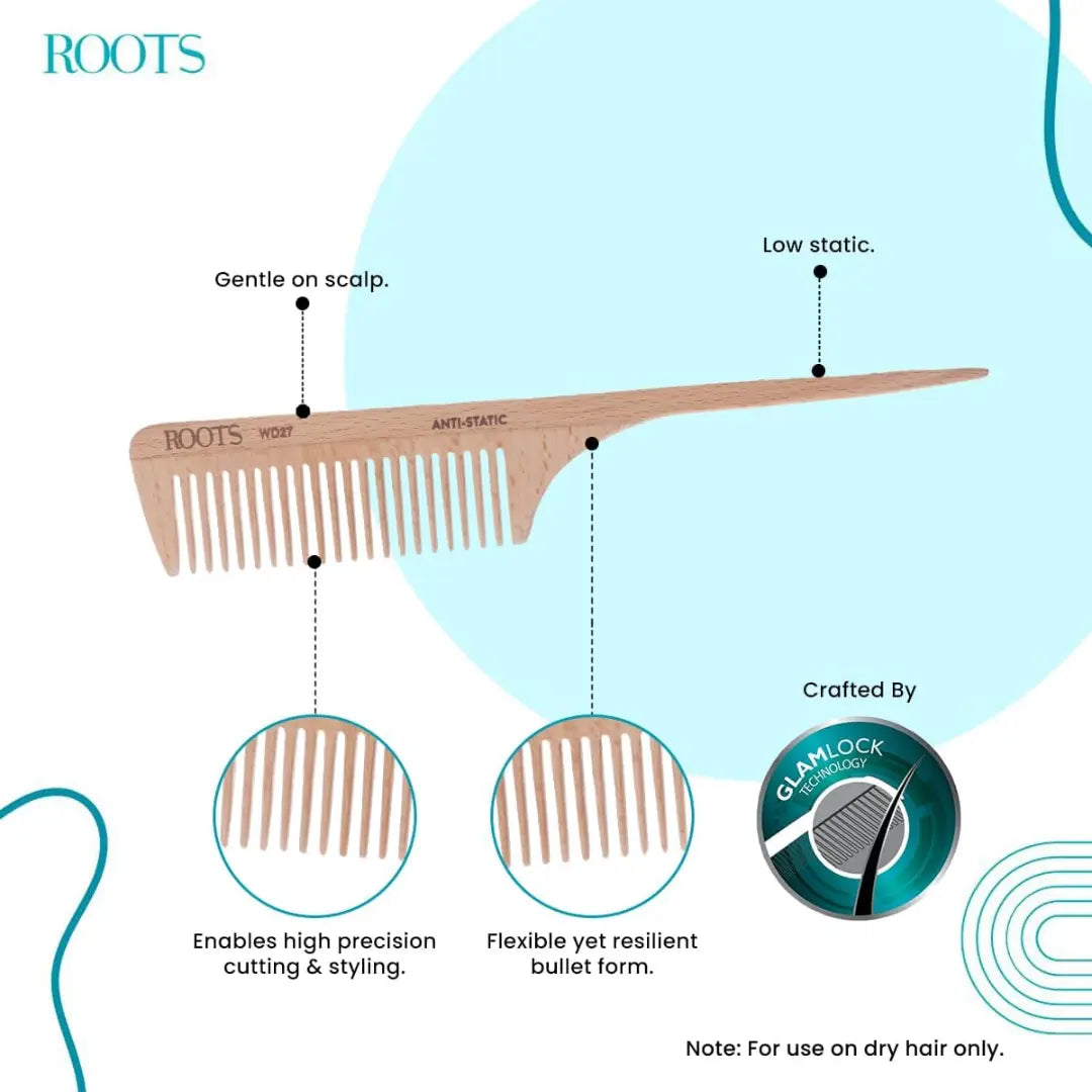 ROOTS - Wooden Comb with Rat Tail | Wide Teeth | For Sectioning & Colouring | Smooth Teeth prevent Hair damage | 100% Natural Wood | Anti-Frizz | For Dry Hair | Length - 8.7 Inch | Model No - WD27
