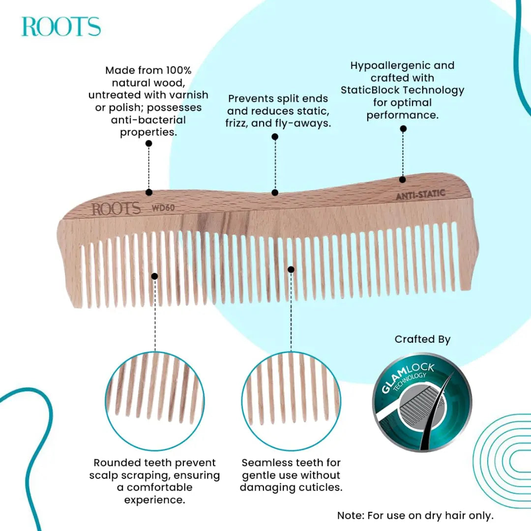 ROOTS Wooden Comb | Fine Teeth | Rounded Teeth prevent Hair & Scalp damage | 100% Natural Wood | Anti-Frizz & Shine | For Long, Thick & Dry Hair | For Men & Women | Length - 6.6 Inch, Model No - WD60