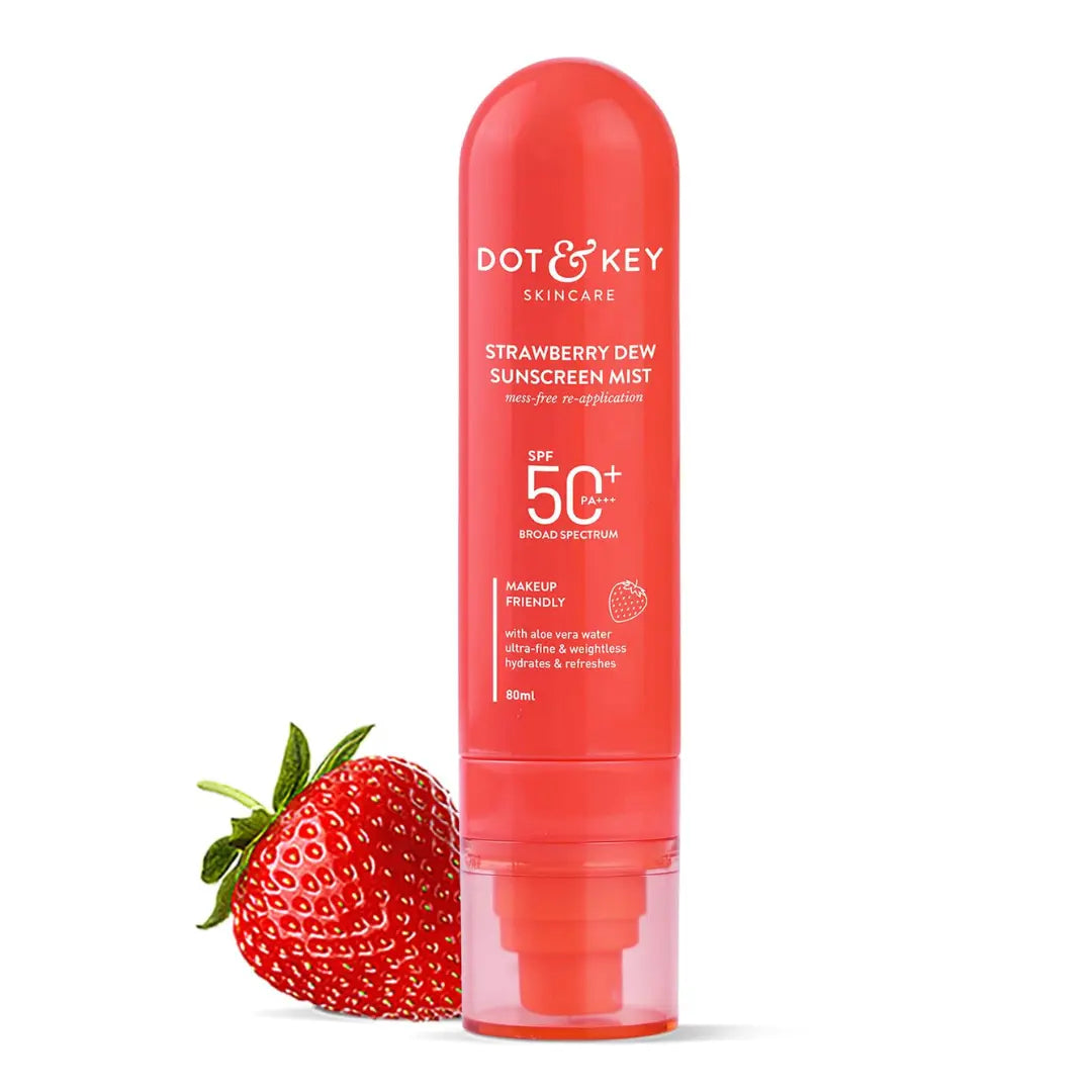 Dot & Key Strawberry + Niacinamide Sunscreen Mist SPF 50+ PA+++ In-Vivo Tested | Brightens Skin, Makeup-Friendly, With Aloe Vera Water, Lightweight | Quick-Drying, Alcohol-Free, Hydrates & Refreshes, Easy Reapplication | 80ml