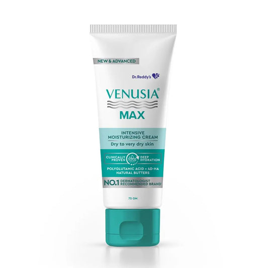 Dr. Reddy's Venusia Max Intensive Moisturizing Cream | Enriched with 4D Hyaluronic Acid & Polyglutamic Acid | Clinically Proven Deep Penetration for Long lasting hydration | For Face & Body | Moisture Lock with Shea, Cocoa, Mango, and Aloe Butter 75g