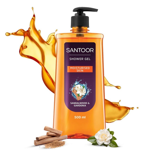 Santoor Moisturizing Shower Gel With Natural Sandalwood & Gardenia Extracts| For Men & Women| Moisturizing Body Wash With Glycerin | Suitable For All Skin Types| No Parabens| No Silicones| 500ml