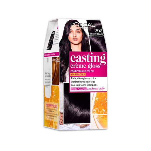 L'Oreal Paris Casting Creme Gloss Conditioning Hair Color - Ebony Black 200, 87.5 g + 72 ml, No Ammonia Formula, 4X Glossy Shine, Provides Optimal Grey Coverage, for All Hair Types