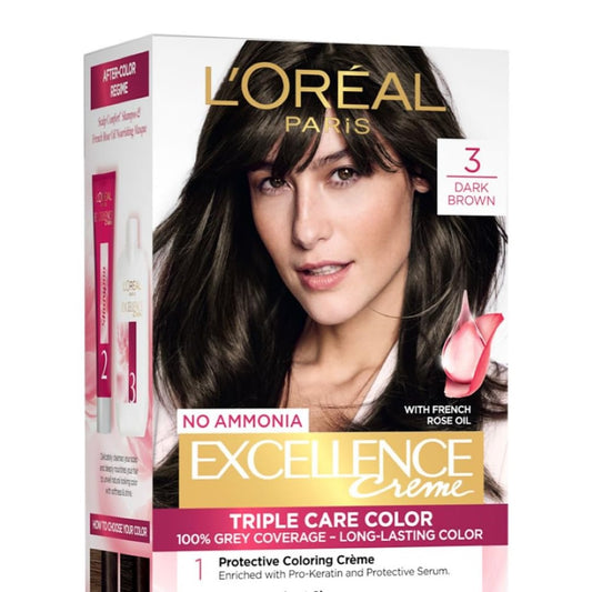 L'Oréal Paris Permanent Hair Colour, Radiant At-Home Hair Colour with up to 100% Grey Coverage, Pro-Keratin, Up to 8 Weeks of Colour, Excellence Crème, 3 Natural Darkest Brown, 72ml+100g