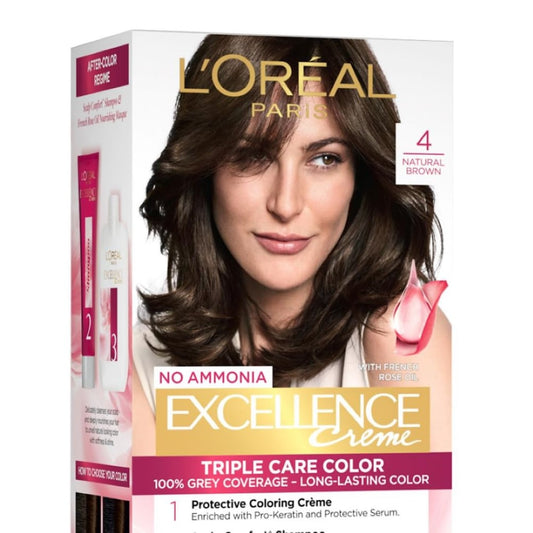 L'Oréal Paris Permanent Hair Colour, Radiant At-Home Hair Colour with up to 100% Grey Coverage, Pro-Keratin, Up to 8 Weeks of Colour, Excellence Crème, 4 Natural Dark Brown, 72ml+100g