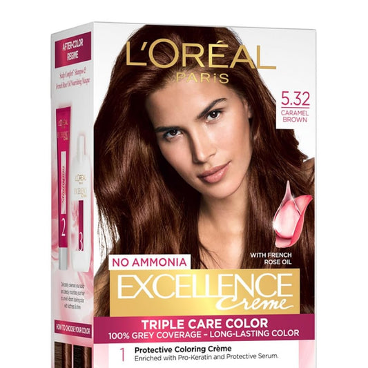 L'Oreal Paris Hair Colour, Radiant At-Home Hair Colour with up to 100% Grey Coverage, Excellence Creme, 5.32 Caramel Brown, 72ml+100g