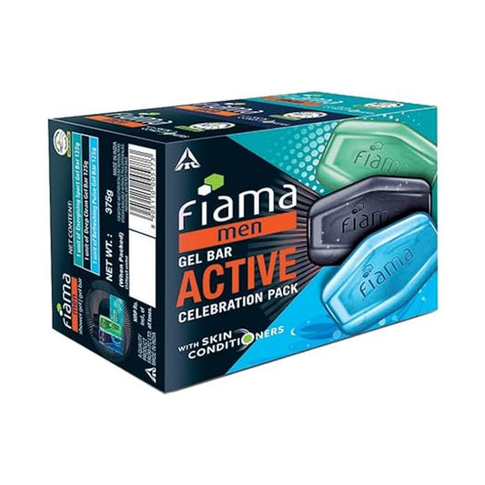 Fiama Men Gel Bar Active Celebration Pack with 3 Unique Gel Bars, 375g (125g - Pack of 3),Charcoal and Grapefruit, Refreshing Pulse and Energising Sport for Moisturised Skin, Soap for Men, For All Skin Types