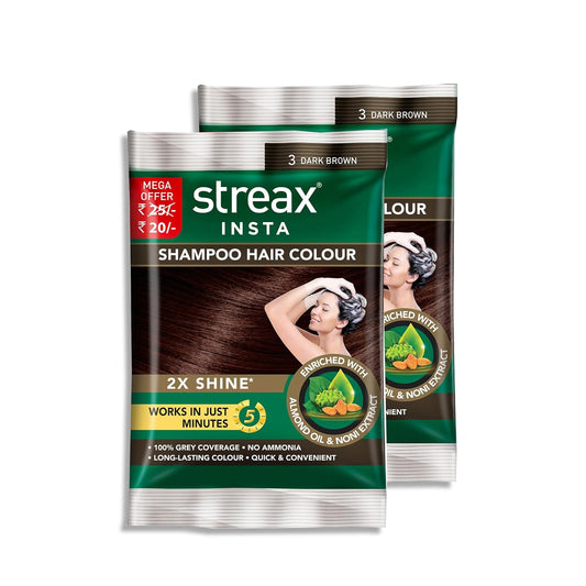 Streax Insta Shampoo Hair Colour for Men & Women, Dark Brown, 18ml (Pack of 16) | Enriched with Almond Oil & Noni Extracts | Long-Lasting Instant Colour