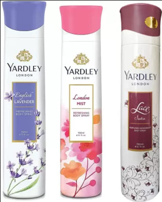 Yardley London English Lavender, London Mist and Lace Satin Body Spray Women for Women 150ML Each (Pack of 3) Body Spray - For Women (450 ml, Pack of 3)