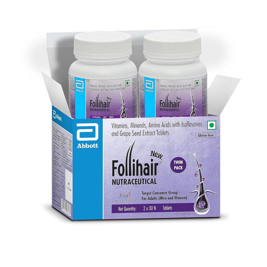 Follihair New by Abbott Helps Nourish & Strengthen Hair Follicles, Amino Acids, Vitamins, Minerals & Natural Extracts Twin Pack (30 x 2)