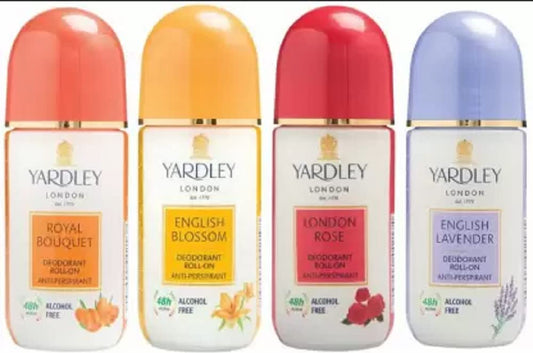 Yardley London 1 Royal Bouquet, 2 English Lavender and 1 English Blossom Deodorant Roll-on - For Men & Women(Pack of 4) Deodorant Roll-on - For Men & Women (200 ml, Pack of 4)