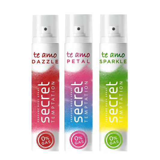 Secret Temptation Te Amo Dazzle, Petal, and Sparkle No Gas Body Spray for Women, Pack of 3 (120ml each)|Irresistible Fragrances with Long-Lasting Scent|Deodorant Combo Pack