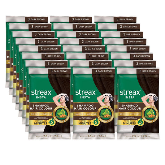 Streax Insta Shampoo Hair Colour for Men & Women, Dark Brown, 18ml (Pack of 24) | Enriched with Almond Oil & Noni Extracts | Long-Lasting Instant Colour