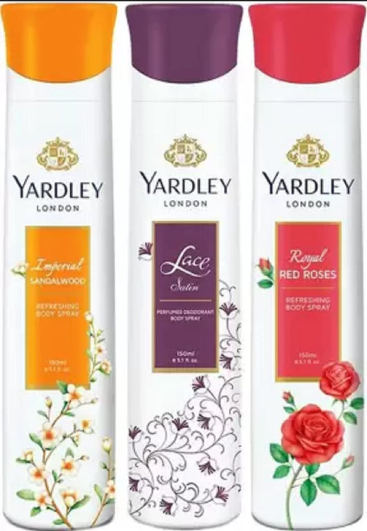 Yardley London Imperial Sandalwood,Royal Red Roses and Lace satin (pack of 3) Deodorant Spray - For Women (150 ml, Pack of 3)