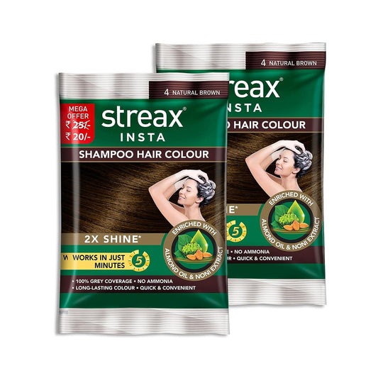 Streax Insta Shampoo Hair Colour For Men & Women, Natural Brown, 18ml (Pack of 16) | Enriched With Almond Oil & Noni Extracts | Long-Lasting Instant Colour