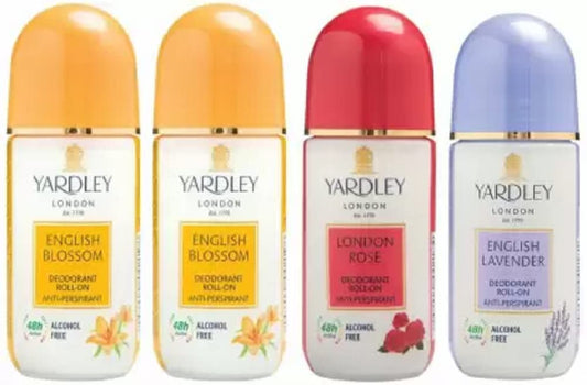 Yardley London 2 English Blossom, 1 London Rose and 1 English Lavender Deodorant Roll-on - For Men & Women(Pack of 4) Deodorant Roll-on - For Men & Women (200 ml, Pack of 4)