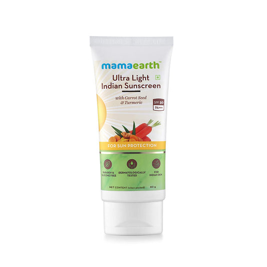 Mamaearth Ultra Light Indian Sunscreen Cream with Carrot Seed, Turmeric and SPF 50 PA+++ (80ml)