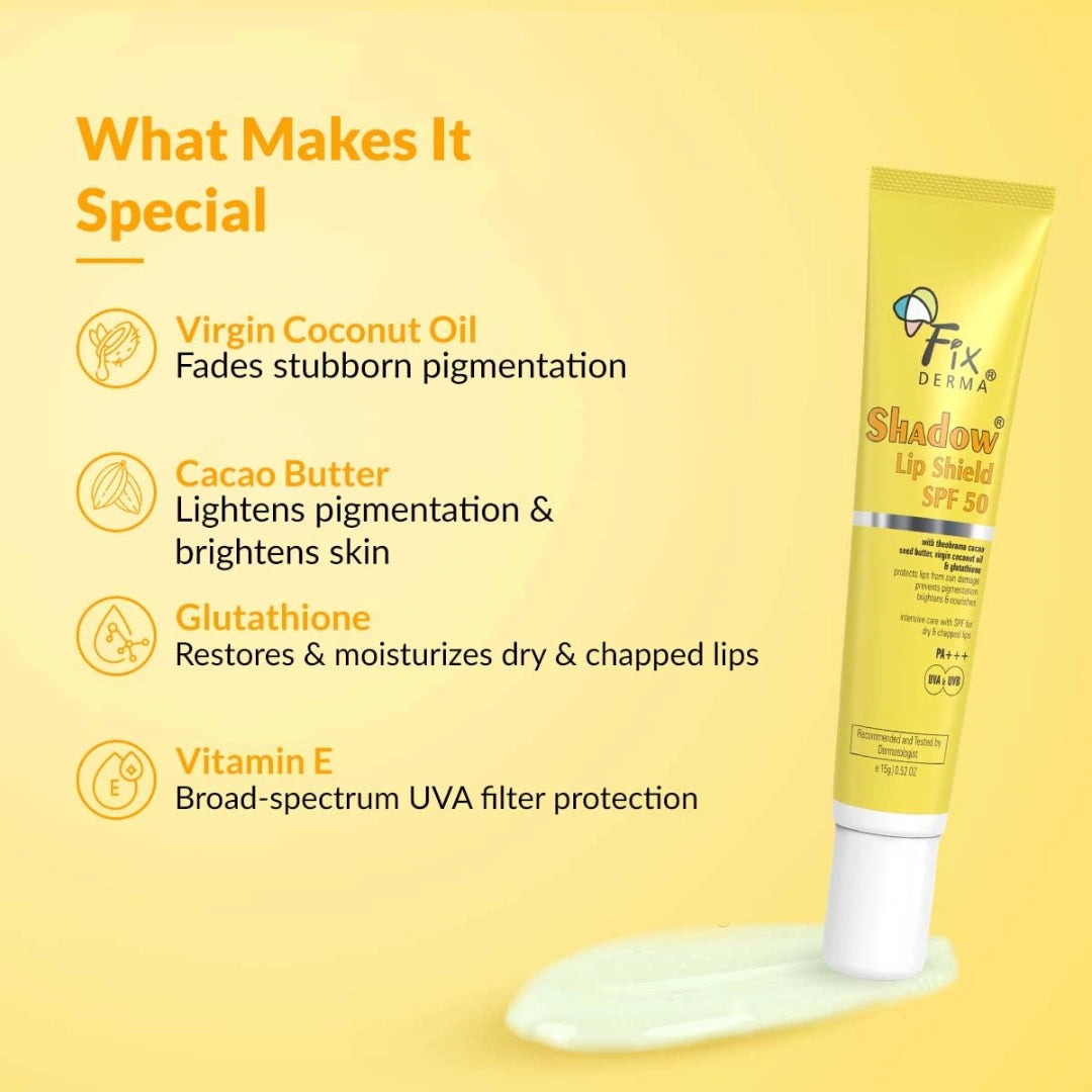 Fixderma Shadow SPF 50 Lip Shield Pa+++ Lip Balm with Cacao Seed Butter & Vitamin E | Prevents Pigmentation & Sun Damage | Lightens Pigmented Lips | Protects Against UVA & UVB Rays - 15gm